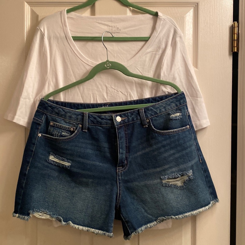 Denim shorts & white top outfit
